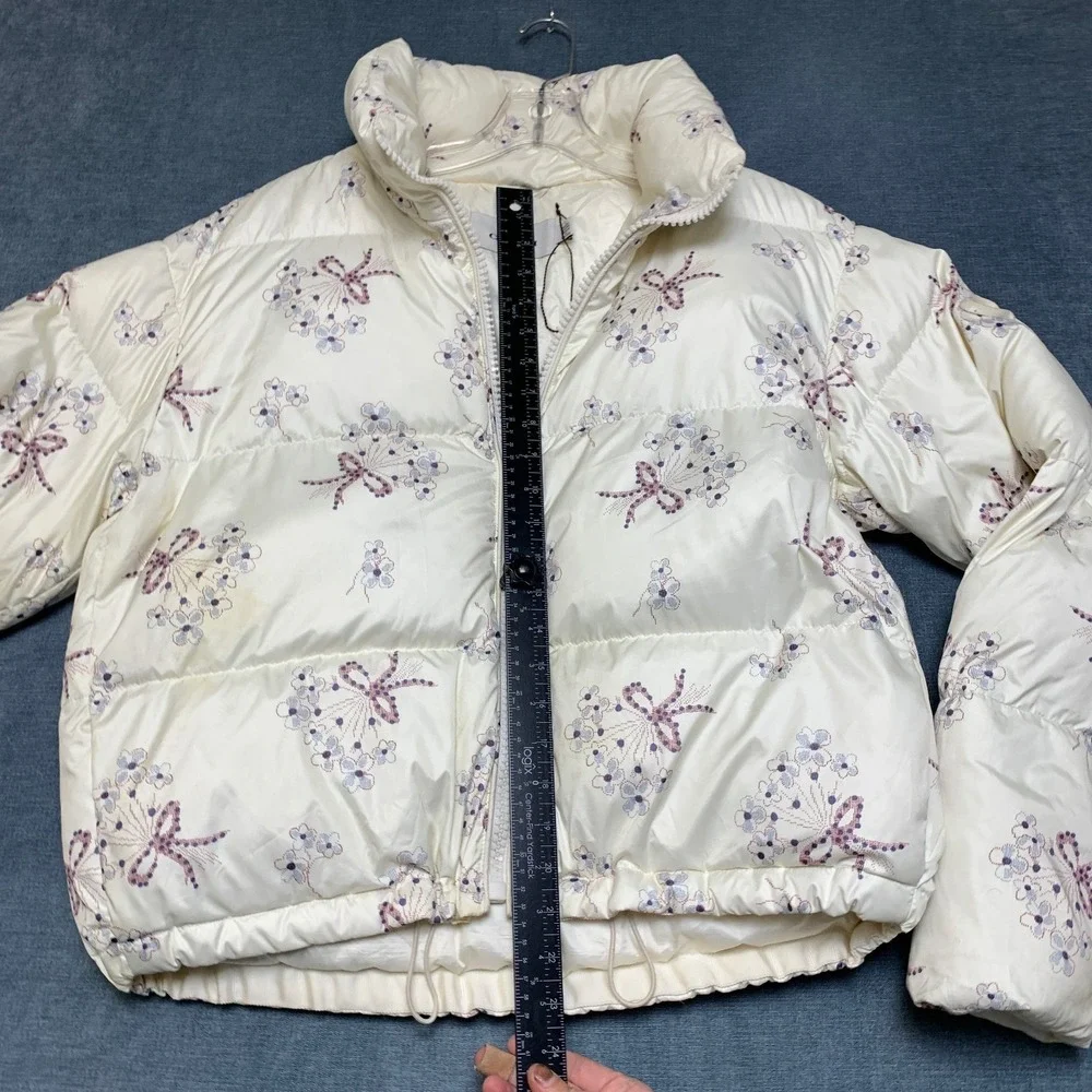 Coach Puffer Jacket Womens Large Cream Floral Print Long Sleeve Winter Full Zip